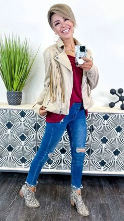 White Birch OUTERWEAR Taupe Fringe Benefits Jacket