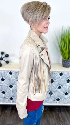 White Birch OUTERWEAR Taupe Fringe Benefits Jacket