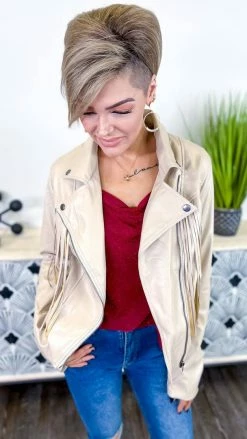 White Birch OUTERWEAR Taupe Fringe Benefits Jacket