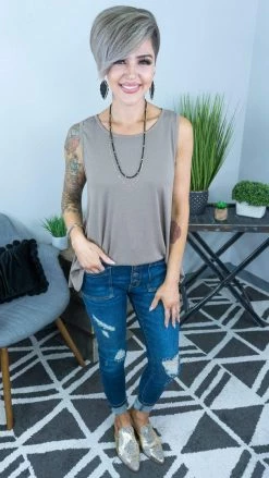 The ZigZag Stripe Taupe Ribbed Right On Time Tank TOPS & TUNICS