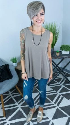 The ZigZag Stripe Taupe Ribbed Right On Time Tank TOPS & TUNICS