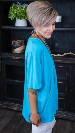 Zenana TOPS & TUNICS Turquoise Raw Edge Top [NO RETURNS]