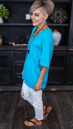 Zenana TOPS & TUNICS Turquoise Raw Edge Top [NO RETURNS]