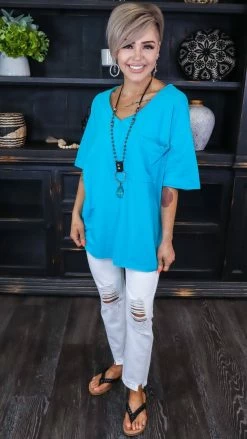 Zenana TOPS & TUNICS Turquoise Raw Edge Top [NO RETURNS]