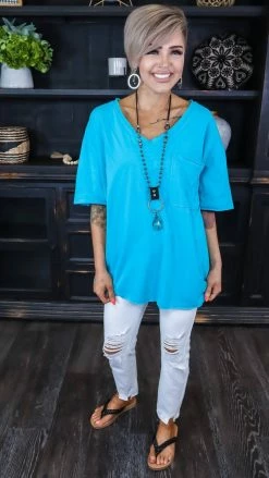 Zenana TOPS & TUNICS Turquoise Raw Edge Top [NO RETURNS]