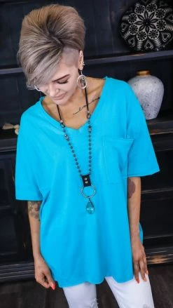 Zenana TOPS & TUNICS Turquoise Raw Edge Top [NO RETURNS]