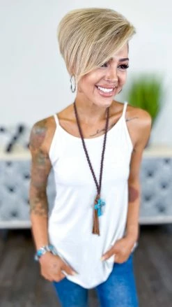 The ZigZag Stripe White Basic Spaghetti Tank