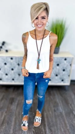 The ZigZag Stripe White Basic Spaghetti Tank